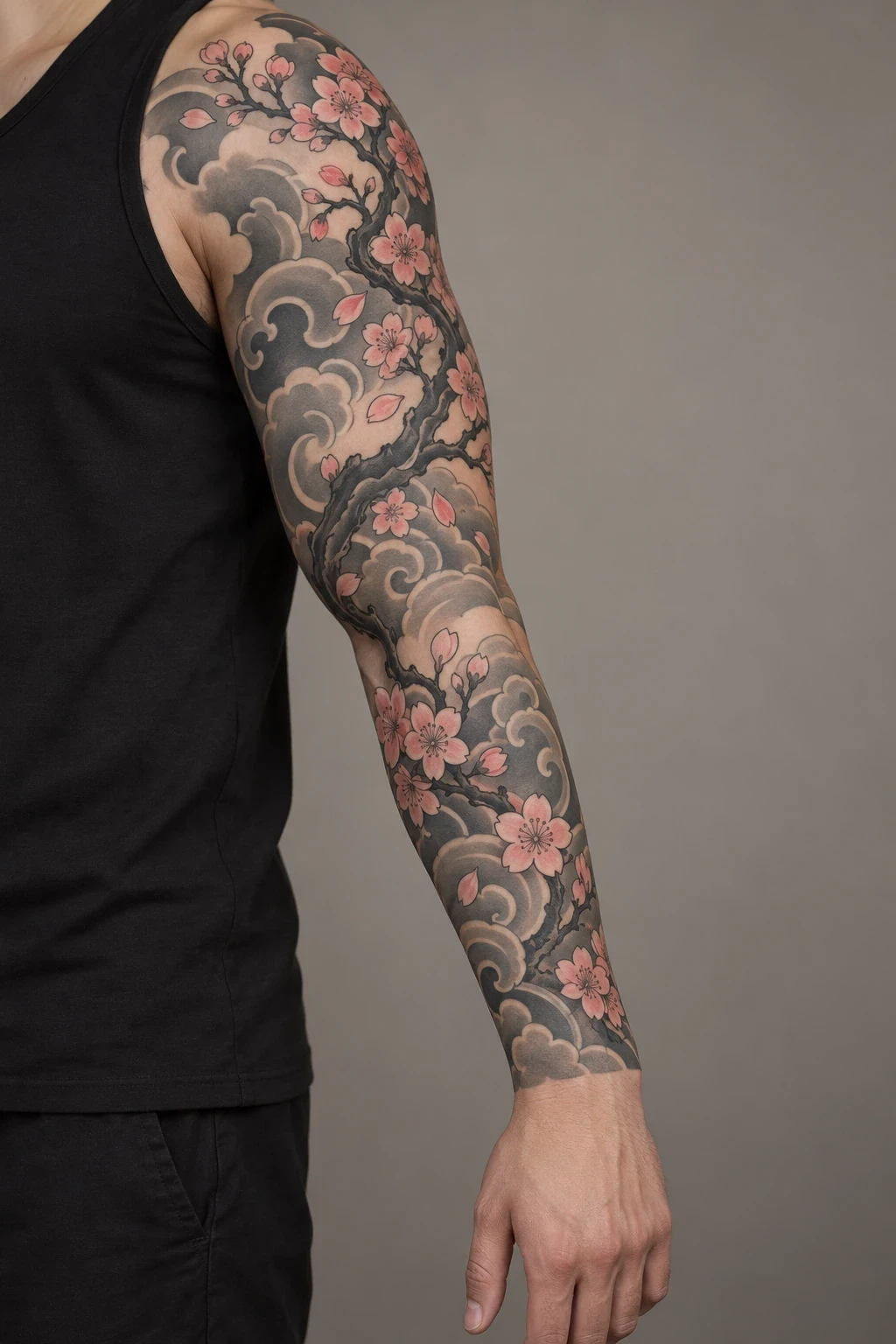 Pink cherry blossoms and grey clouds in a Japanese-inspired full sleeve