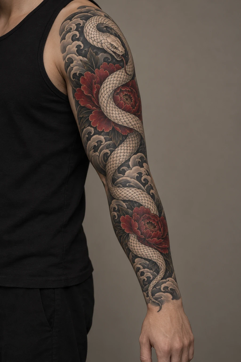 Ivory snake winding around red peonies in a shoulder-to-wrist sleeve