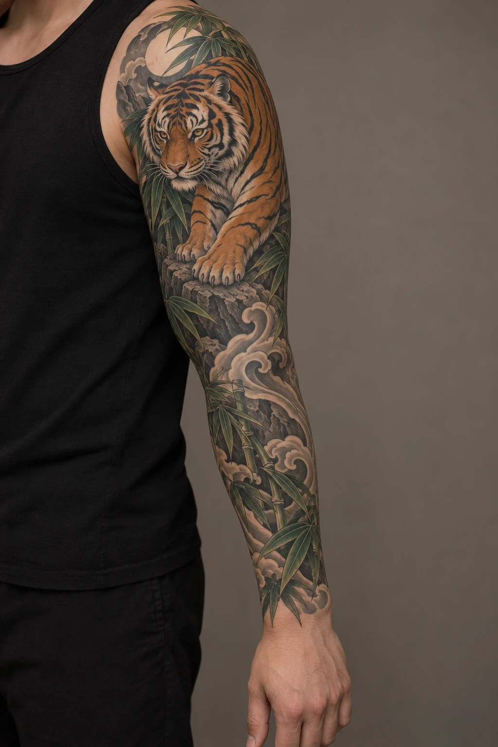 Orange tiger, rocks and bamboo in a Japanese-inspired full sleeve concept