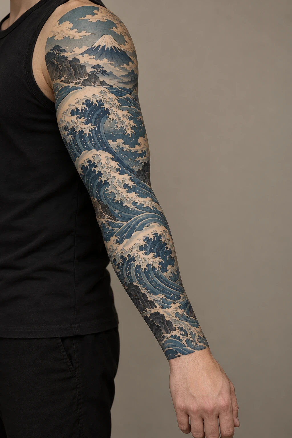 Blue waves and a small Mount Fuji silhouette in a Japanese-inspired full sleeve