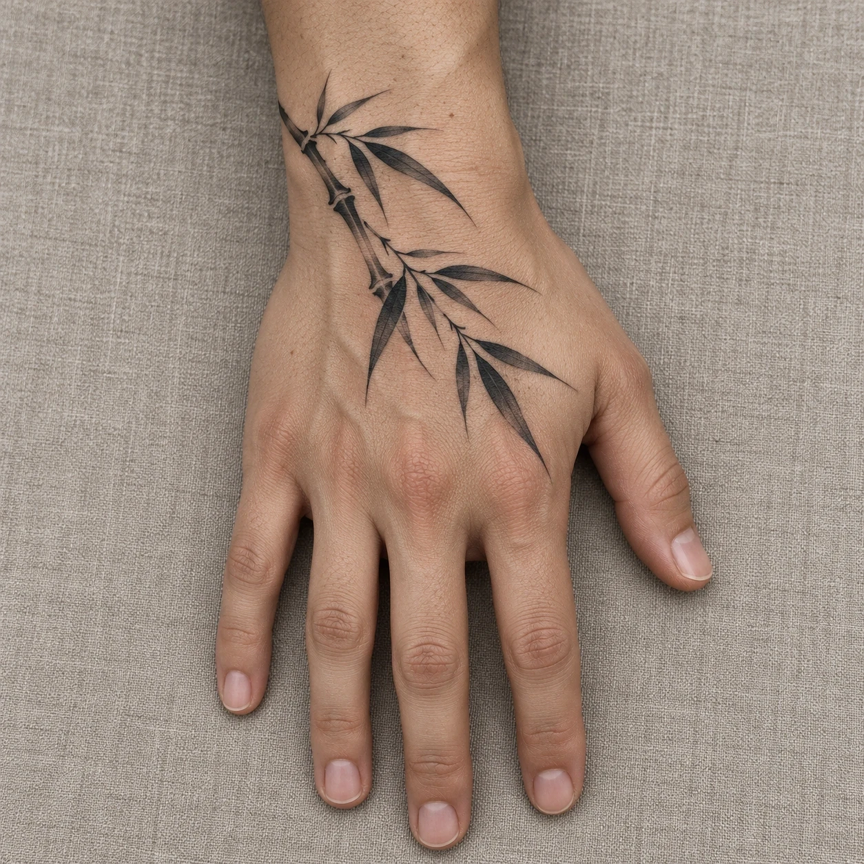 Black and grey bamboo stem and leaves on the back of a hand