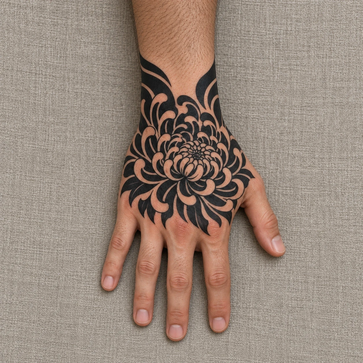 Blackwork chrysanthemum with open petal channels on the back of a hand