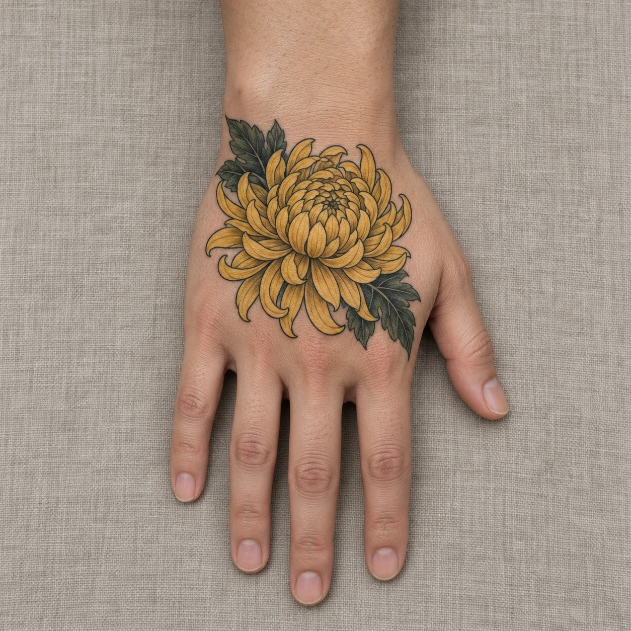 Yellow chrysanthemum with dark leaves on the back of a hand