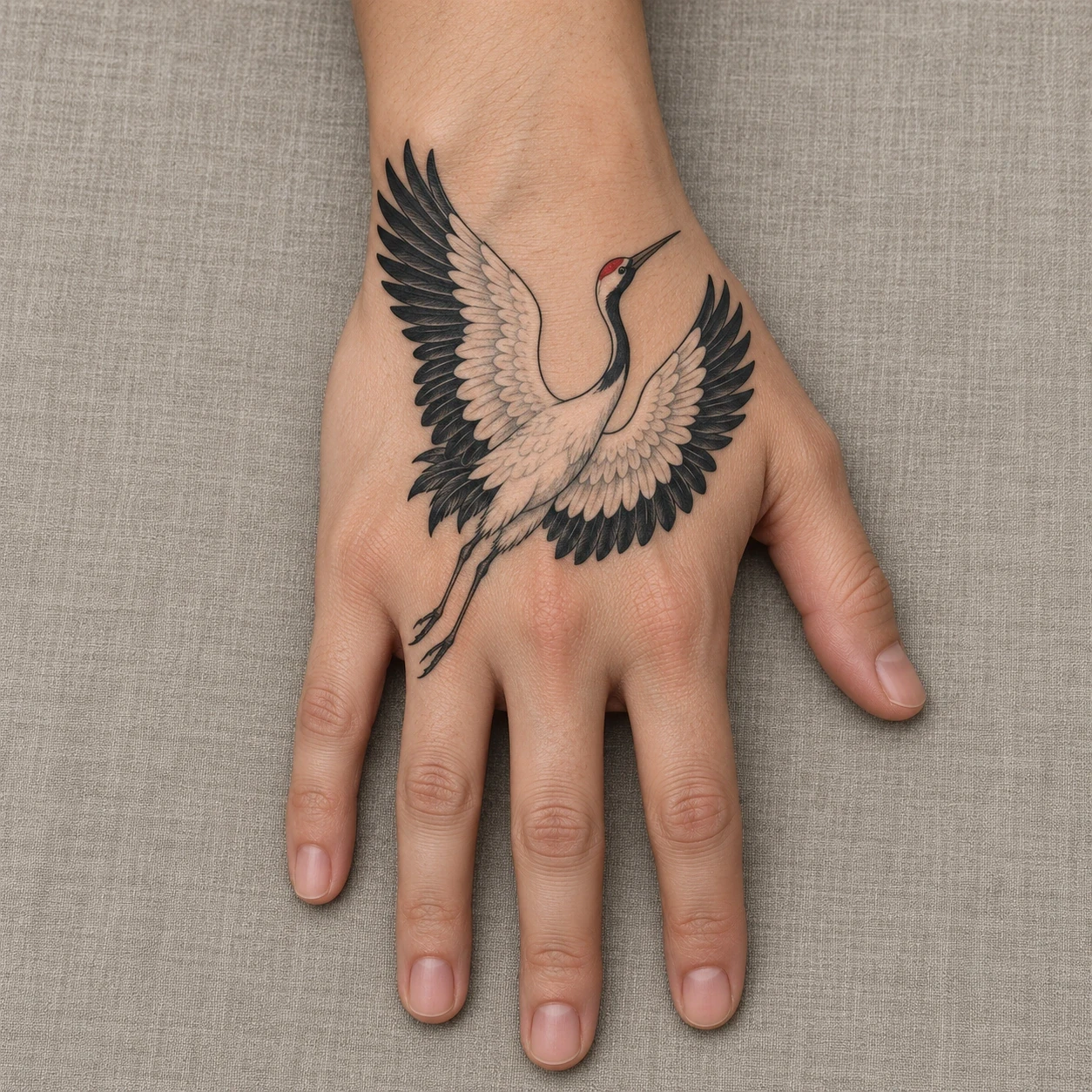 White crane with black wing tips and red crown on the back of a hand