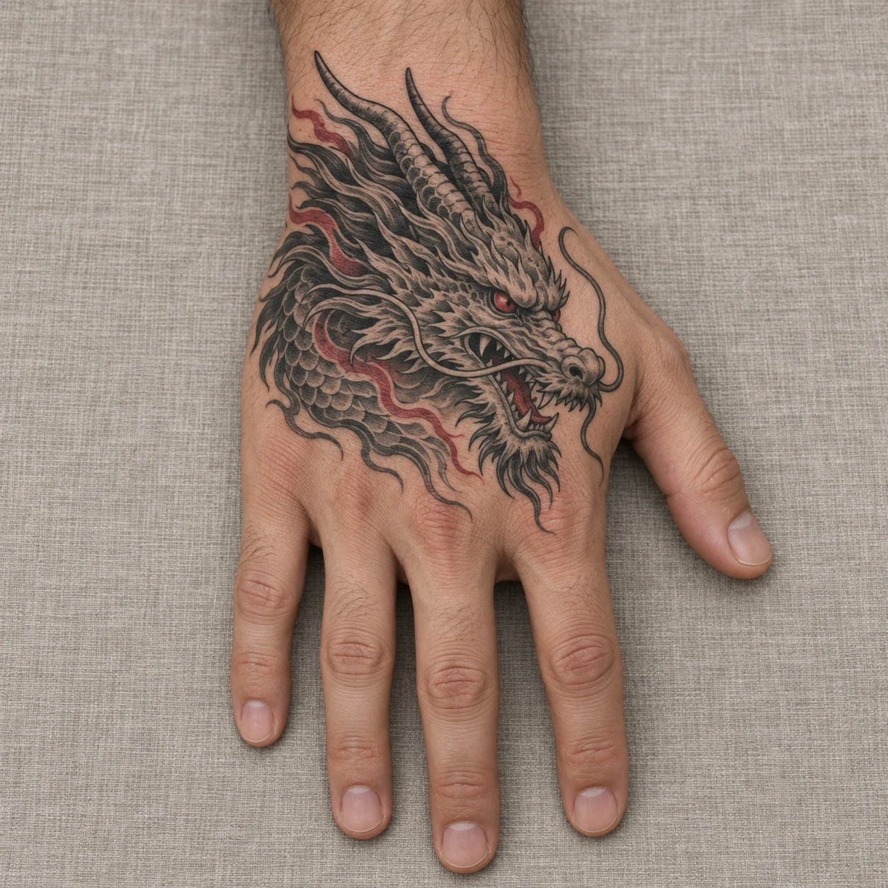 Grey dragon head with horns and a red accent on the back of a hand