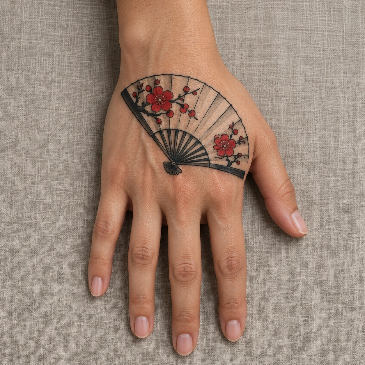 Cream folding fan with red blossom details on the back of a hand