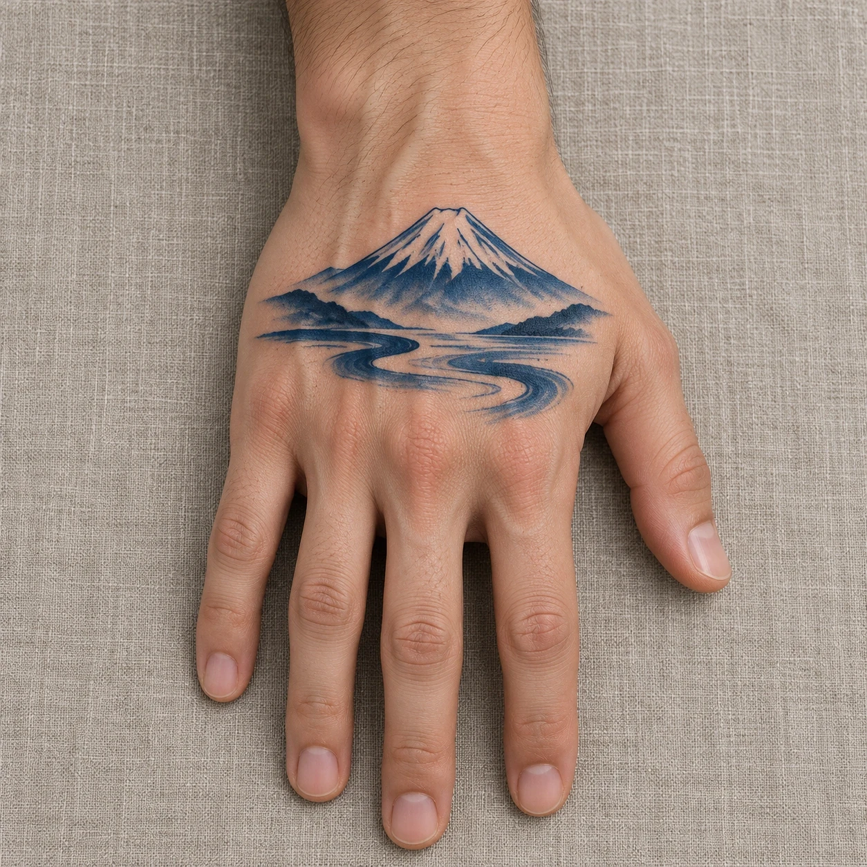 Blue mountain and water landscape on the back of a hand
