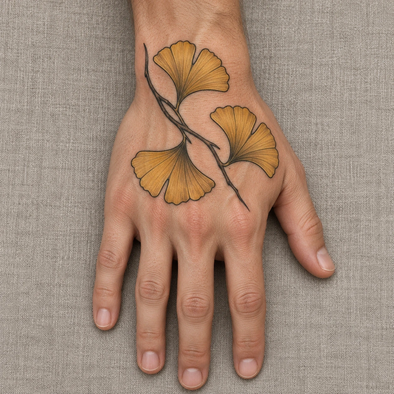 Golden ginkgo leaves on a small branch across the back of a hand