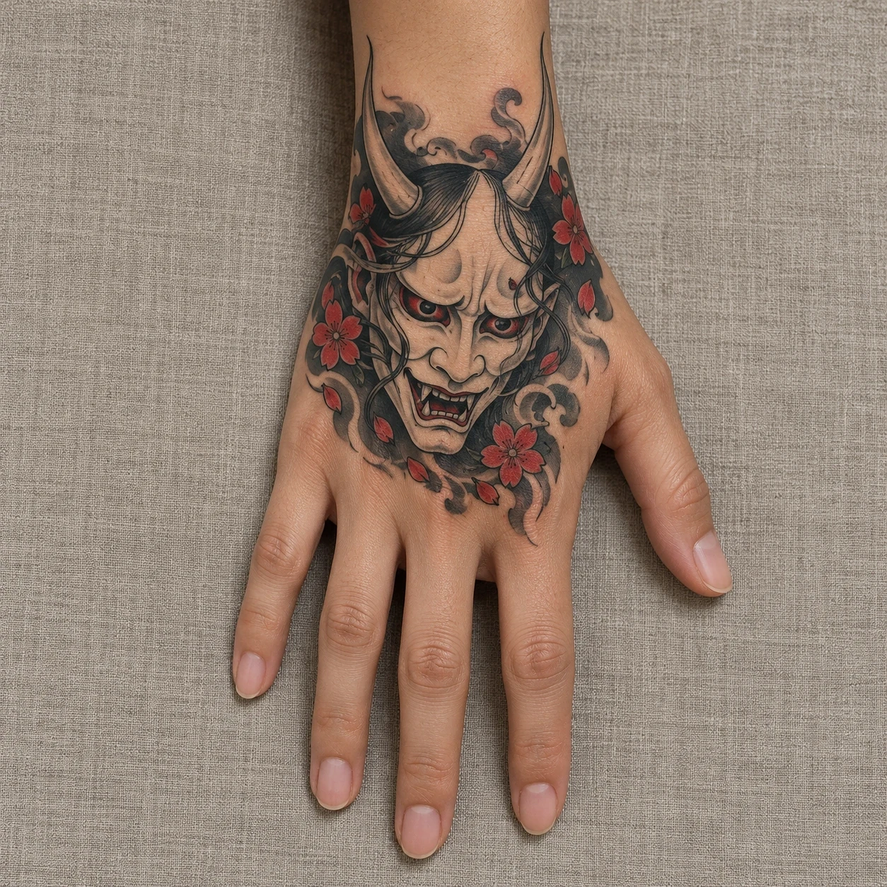 Ivory hannya-inspired mask with red accents on the back of a hand