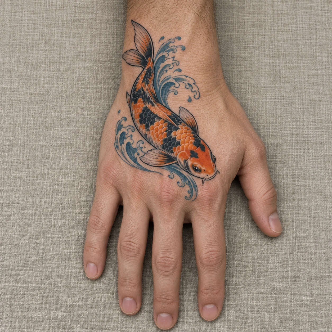 Orange and black koi with small blue water arcs on the back of a hand