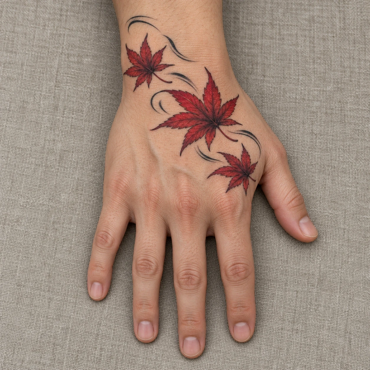 Three red maple leaves with curved black accents on the back of a hand