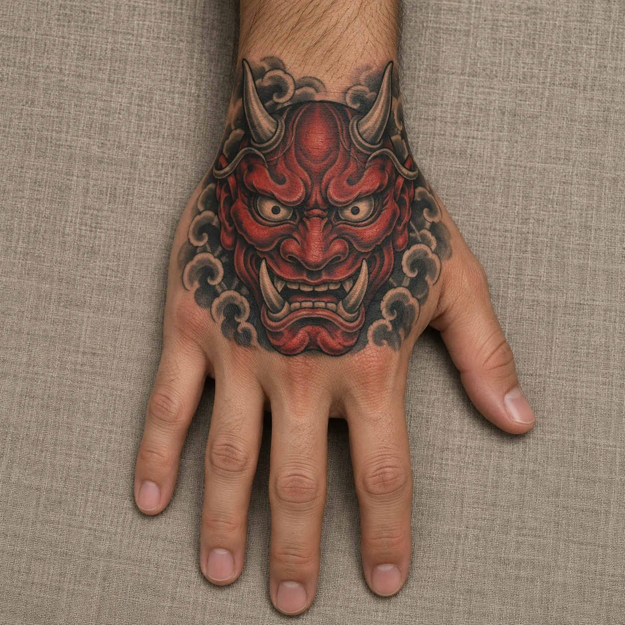 Red oni-inspired mask with two horns on the back of a hand