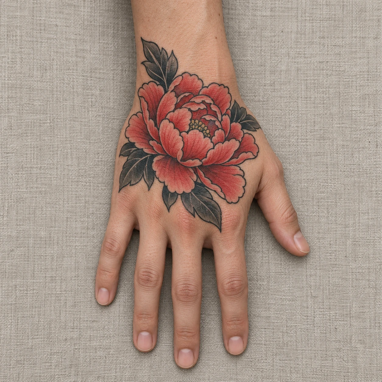 Coral-red peony with grey leaves on the back of a hand
