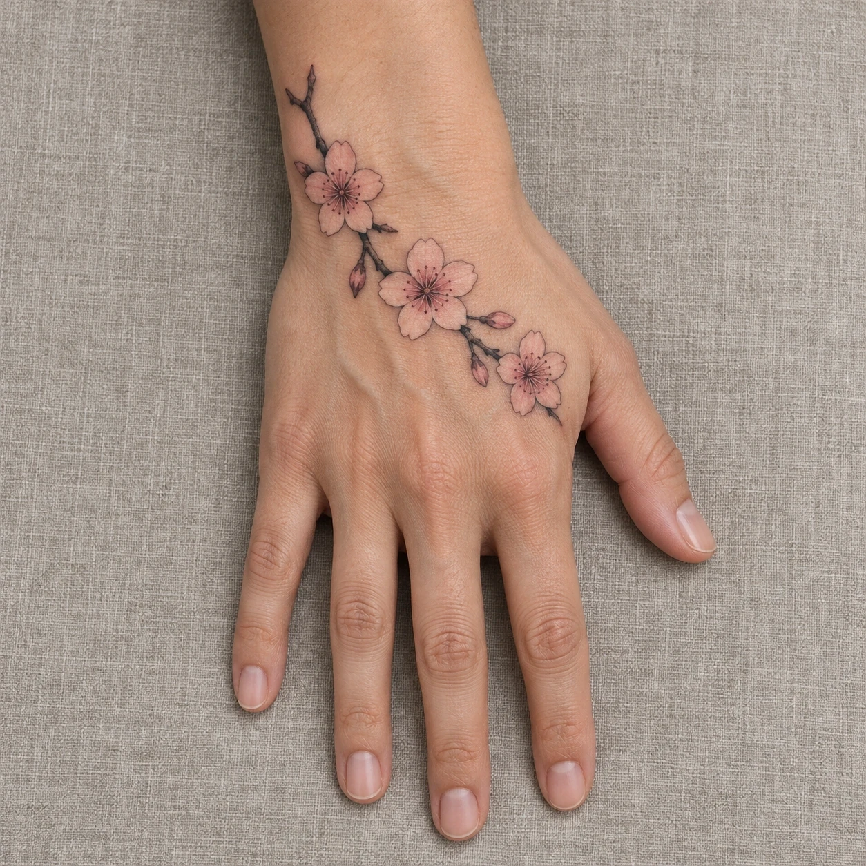 Three pink cherry blossoms on a short branch across the back of a hand