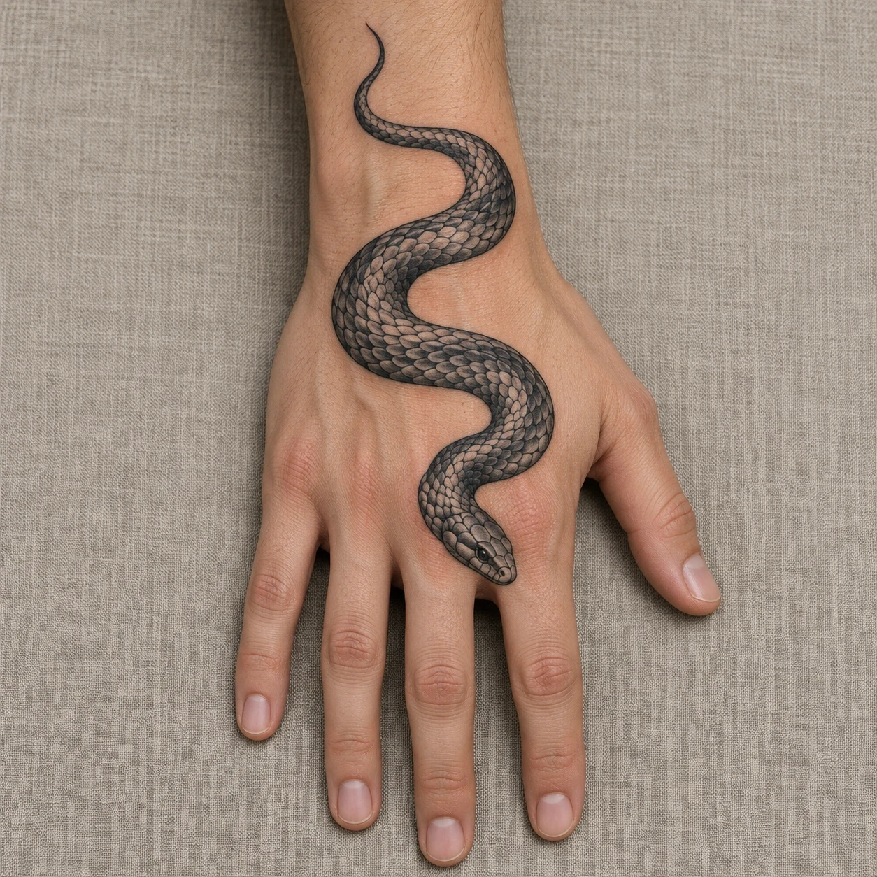Black and grey snake in an S curve on the back of a hand
