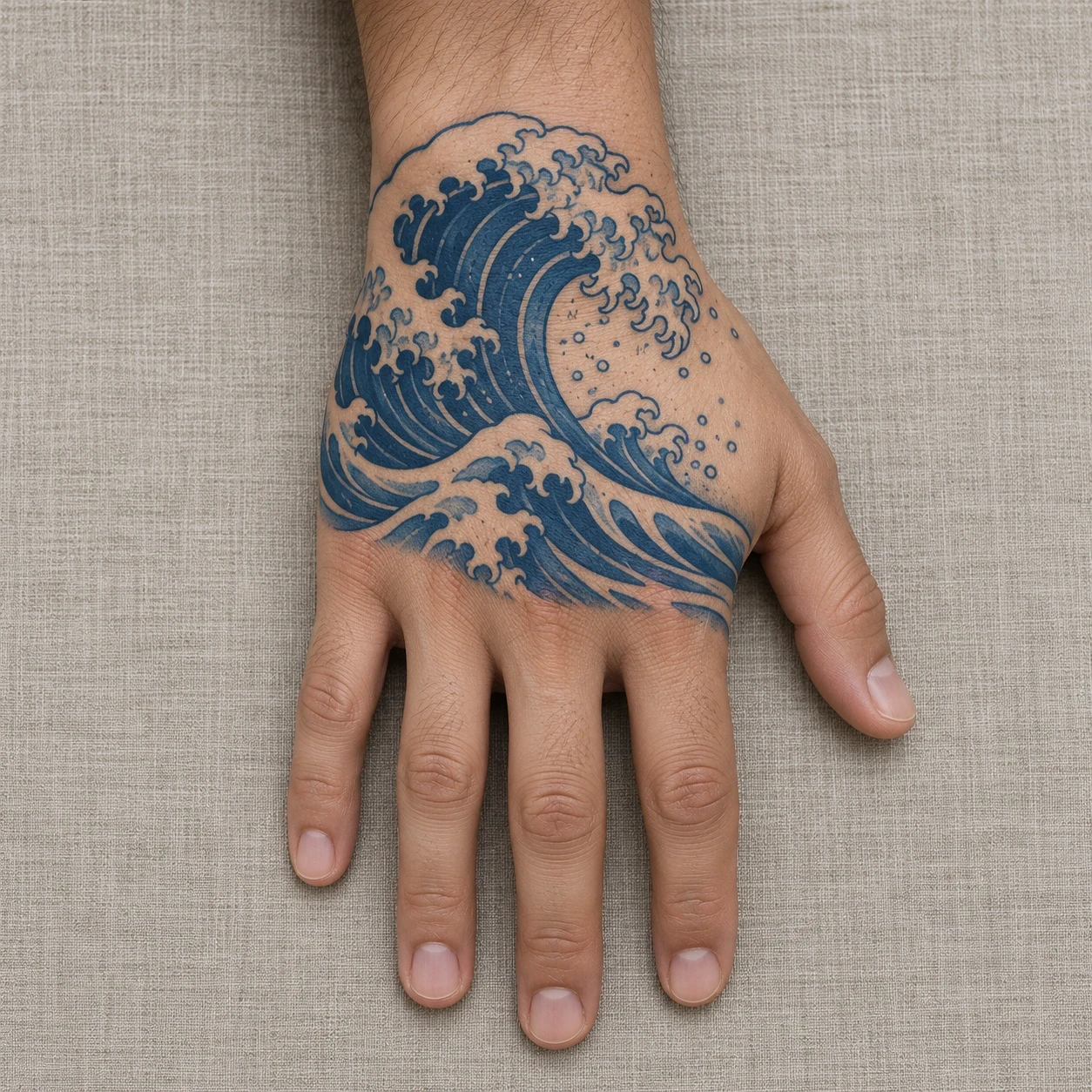 Blue curling wave with pale foam on the back of a hand