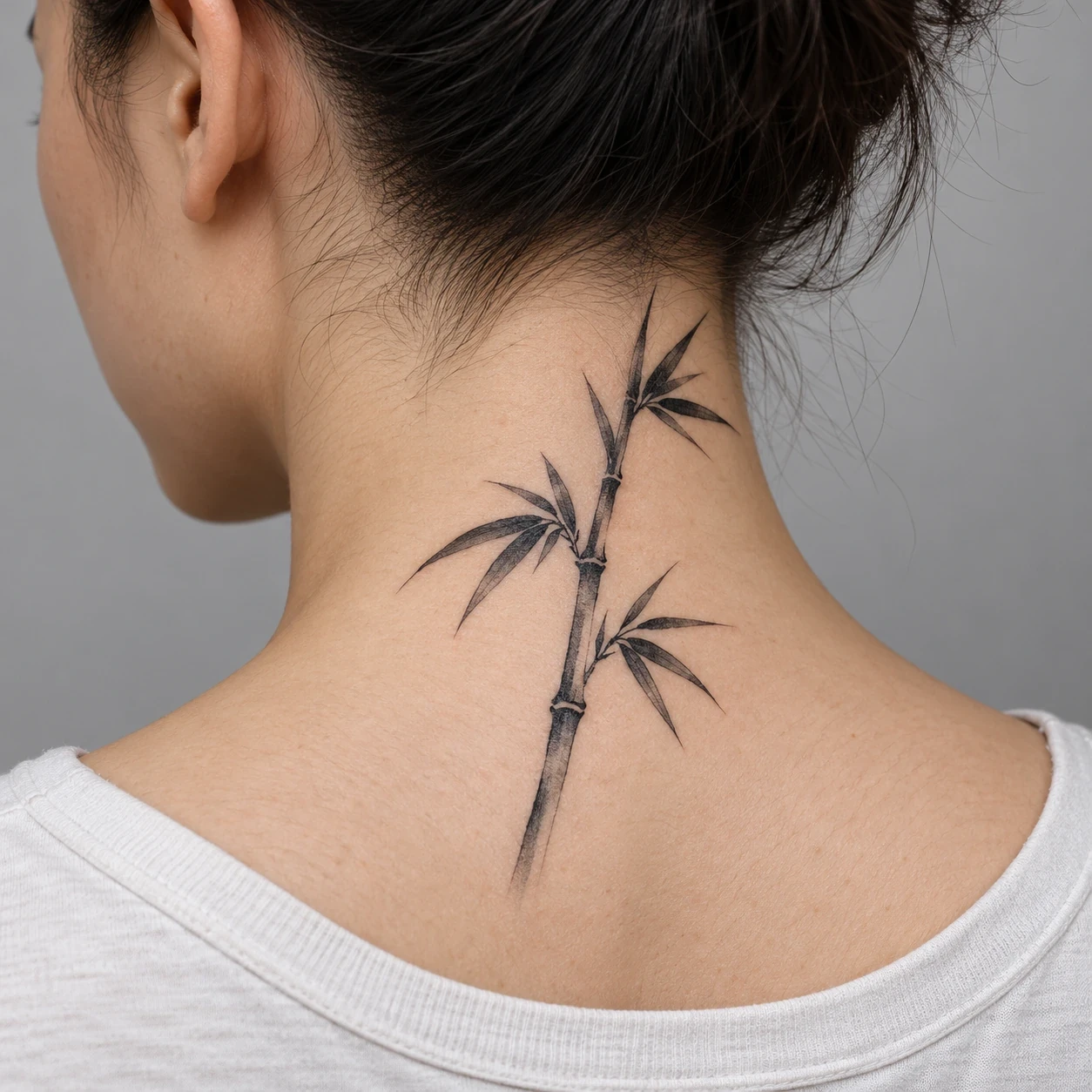 Slender black and grey bamboo stem on the rear side of a neck