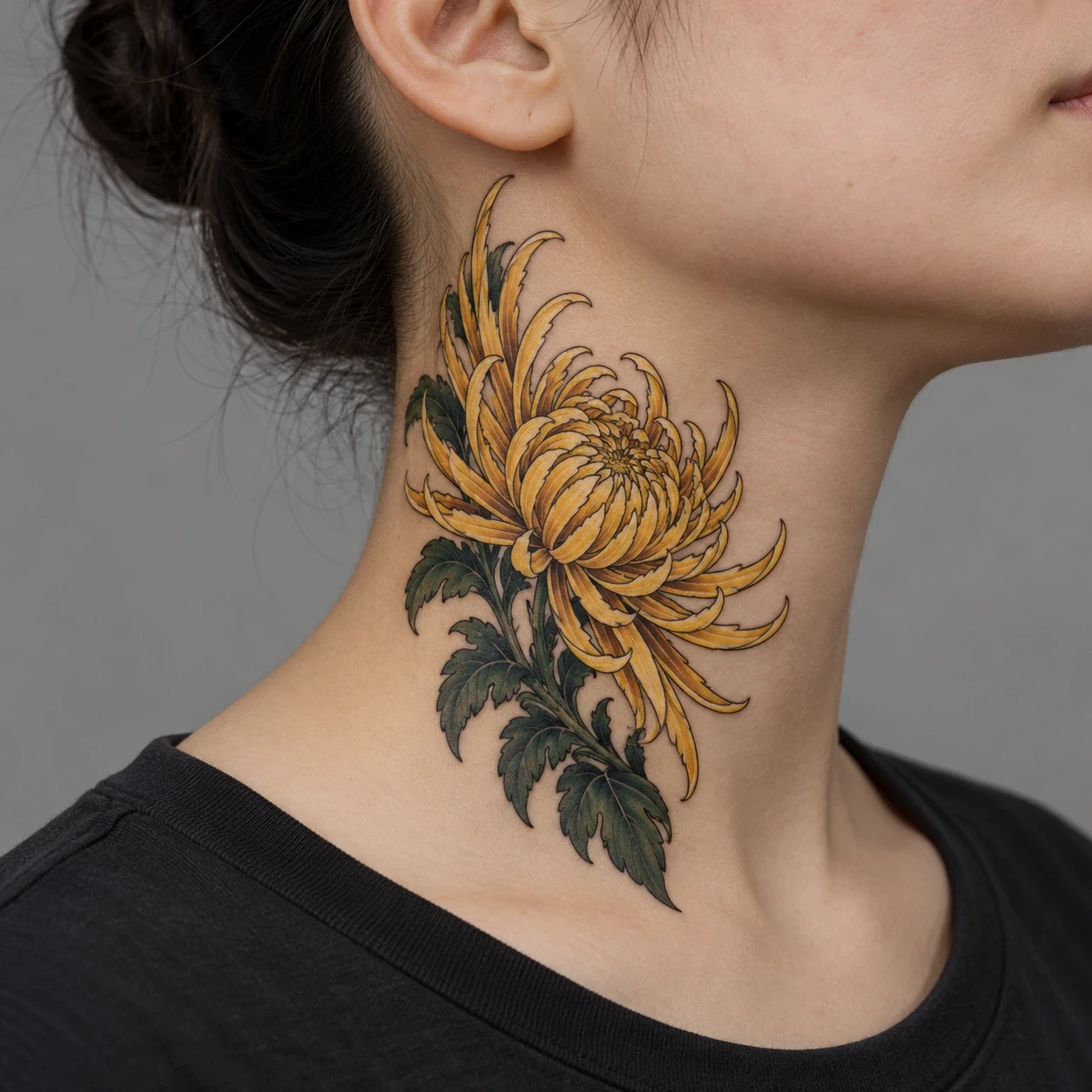 Golden chrysanthemum in an upright side-neck composition