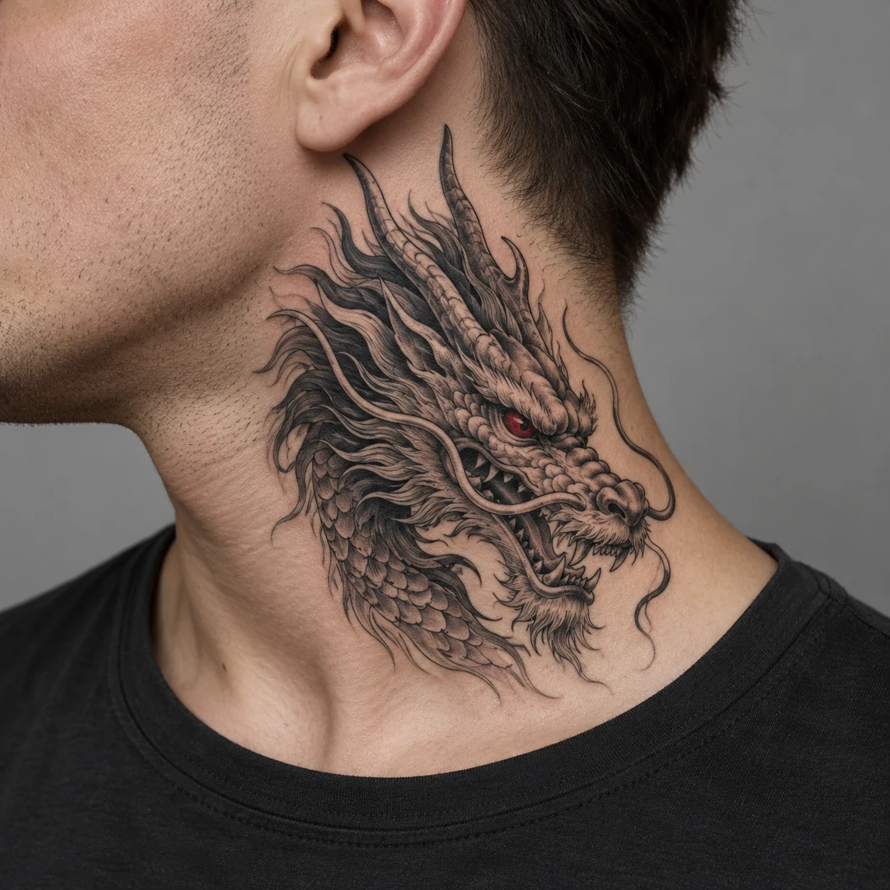 Grey dragon head with red accents on the side of a neck