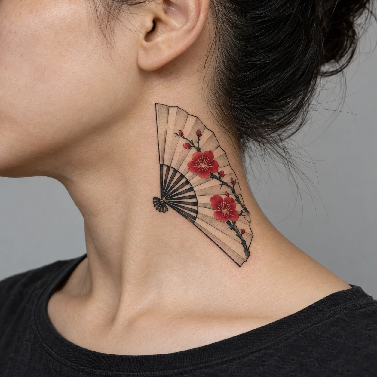 Cream folding fan with red blossoms on the side of a neck