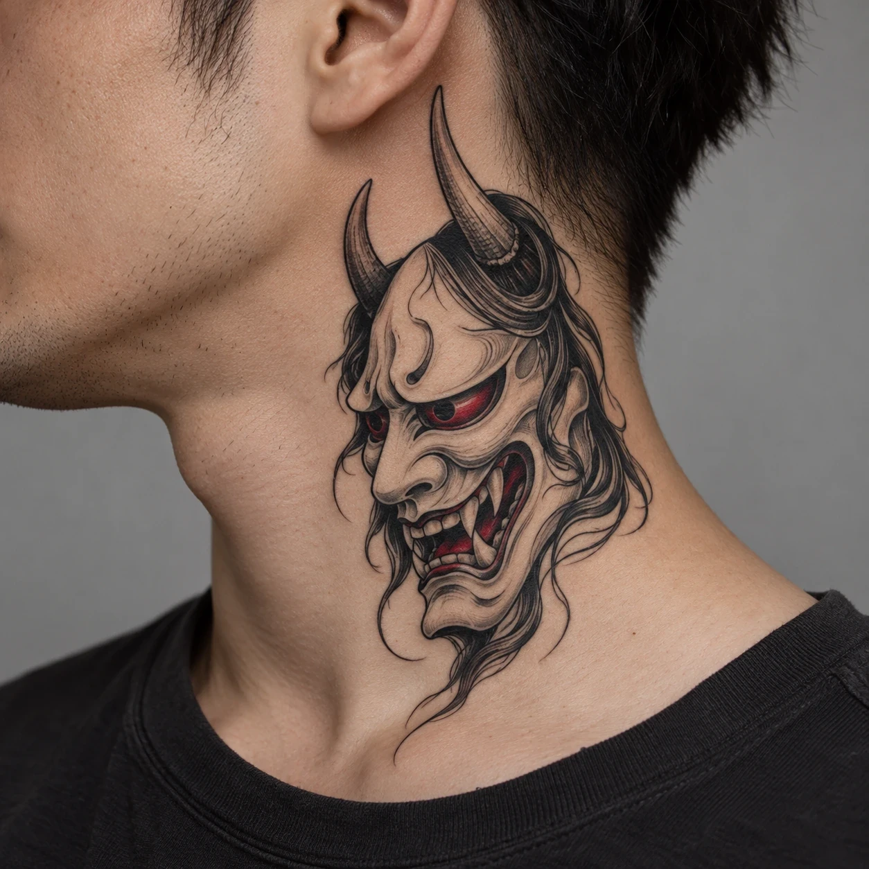Ivory hannya-inspired mask with red accents on the side of a neck