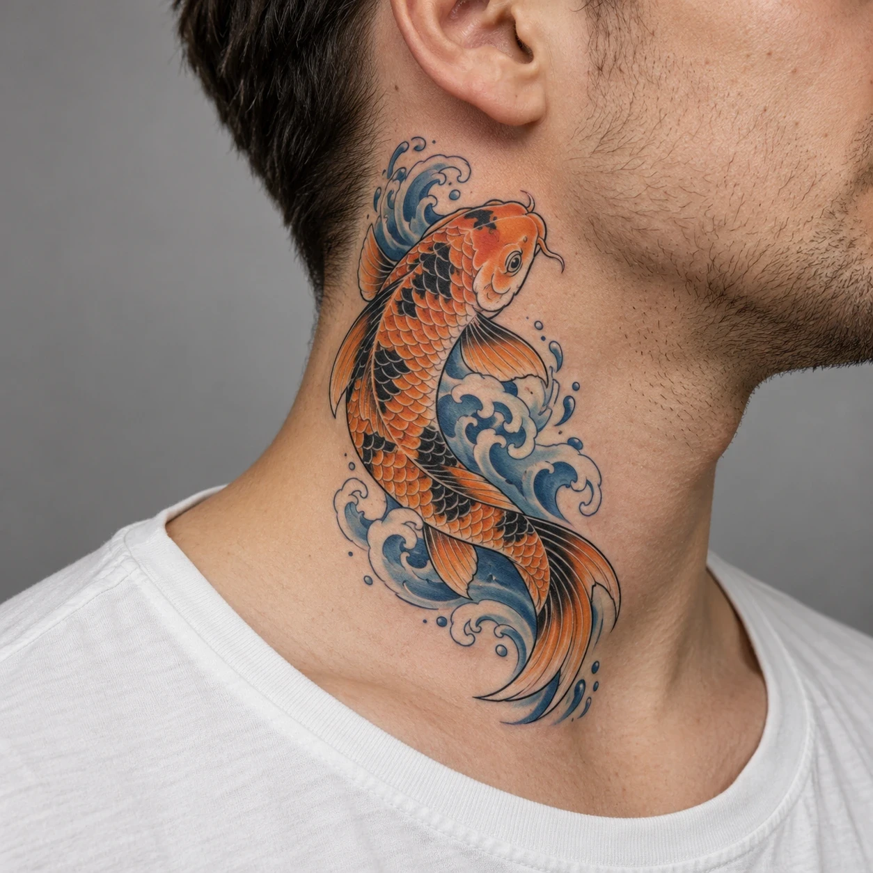 Orange and black koi with blue water accents on the side of a neck