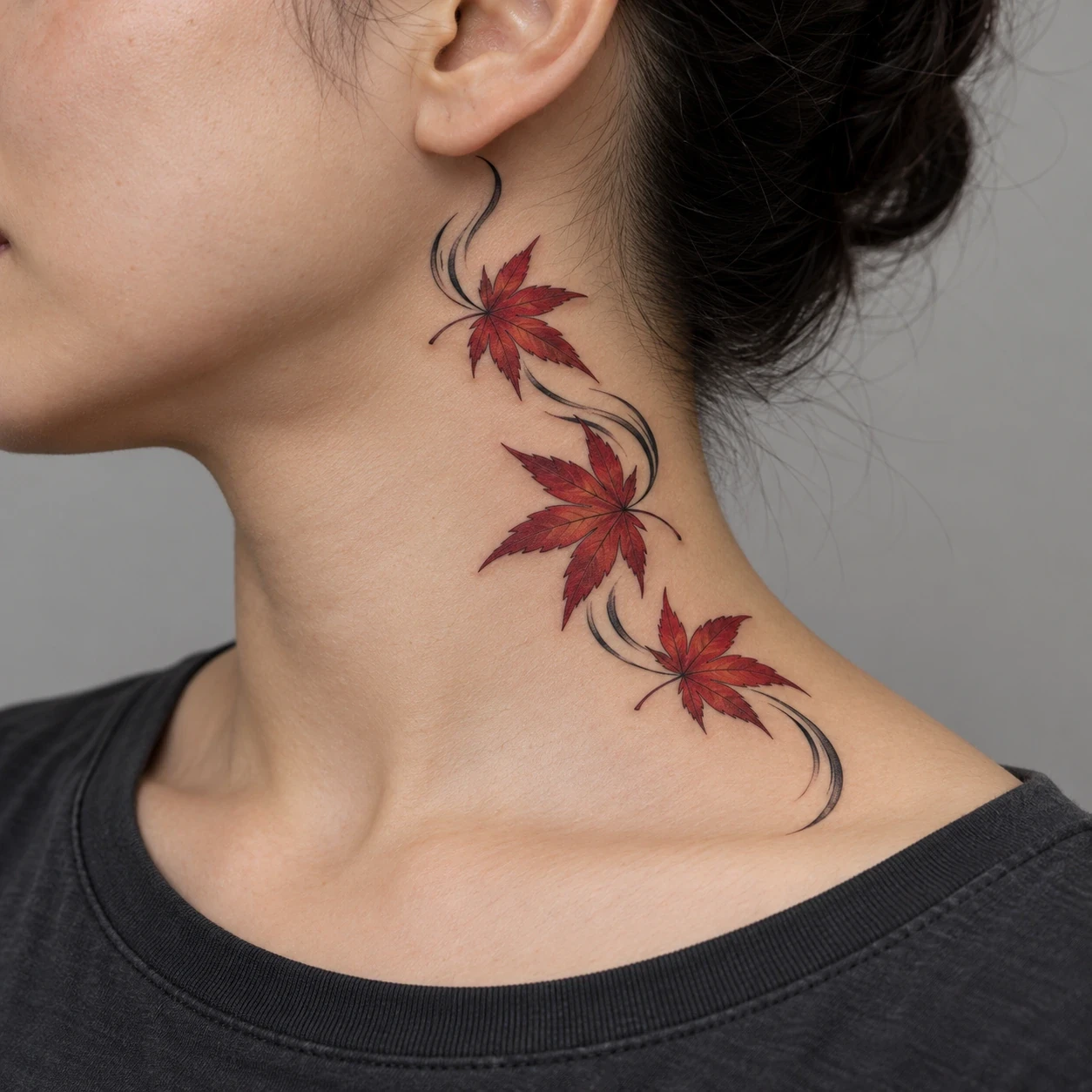 Red maple leaves and curved black accents on the side of a neck