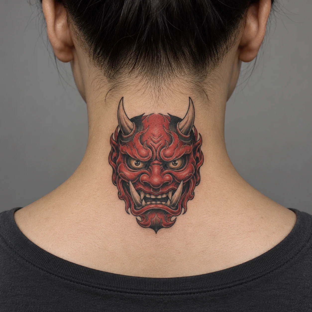 Compact red oni-inspired mask at the nape