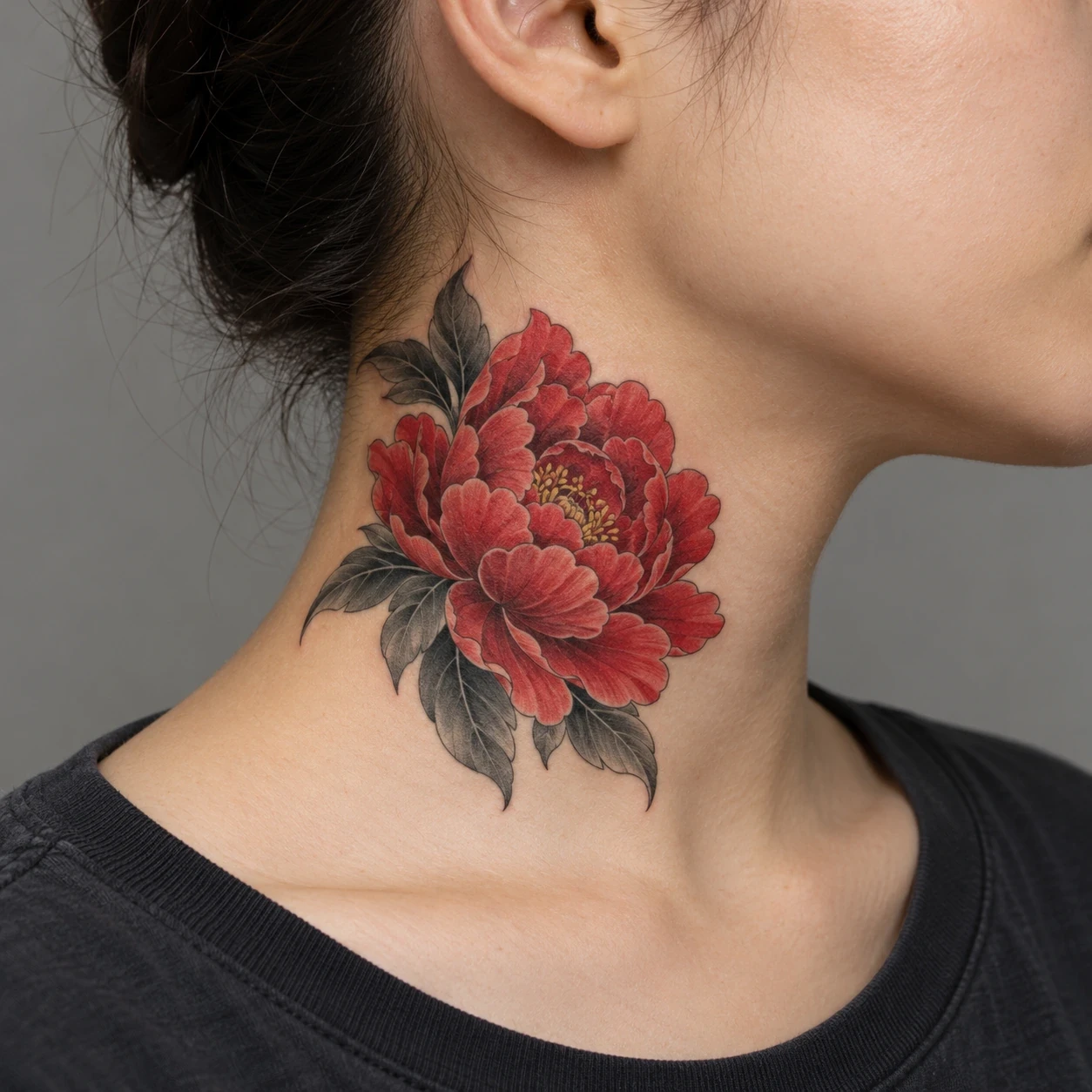 Red peony with grey leaves on the side of a neck