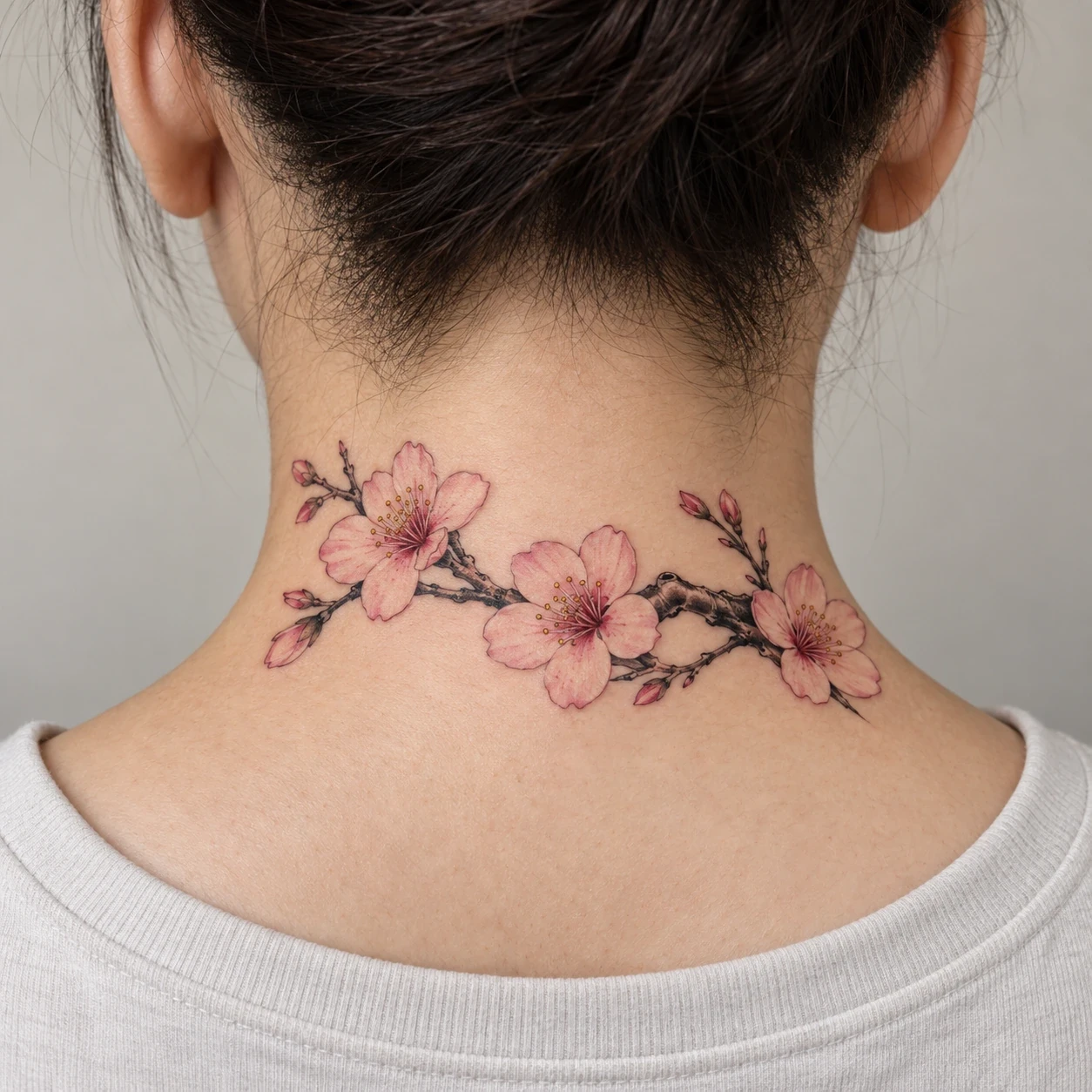 Three pink cherry blossoms on a branch across the nape