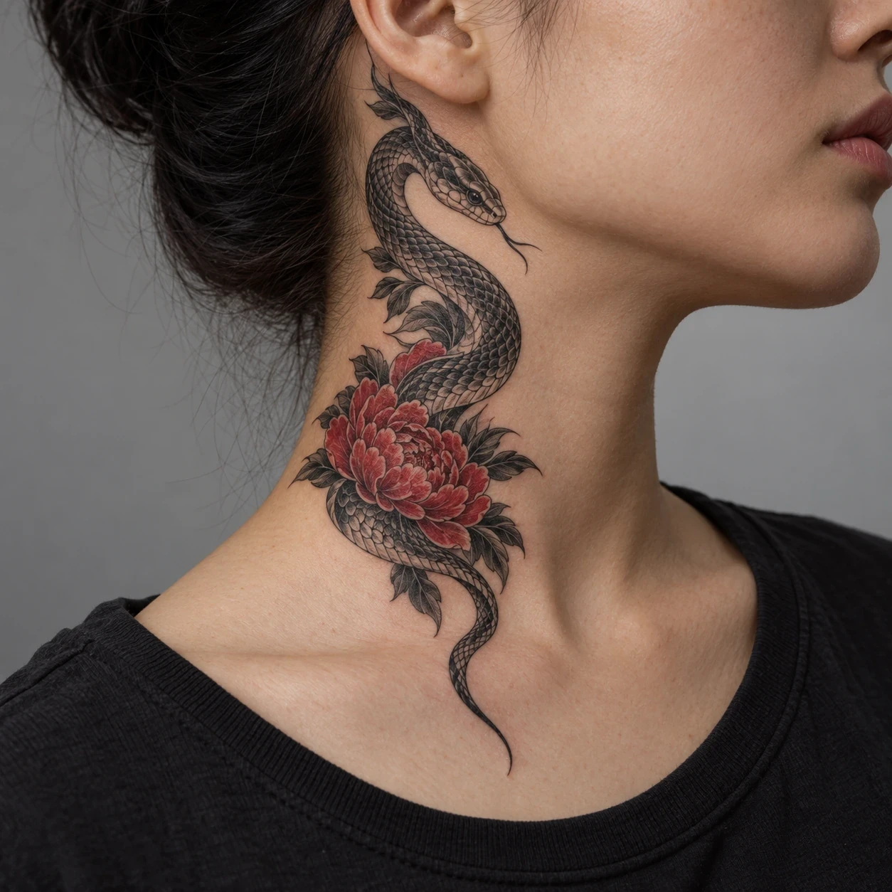 Black and grey snake beside a red peony on the side of a neck