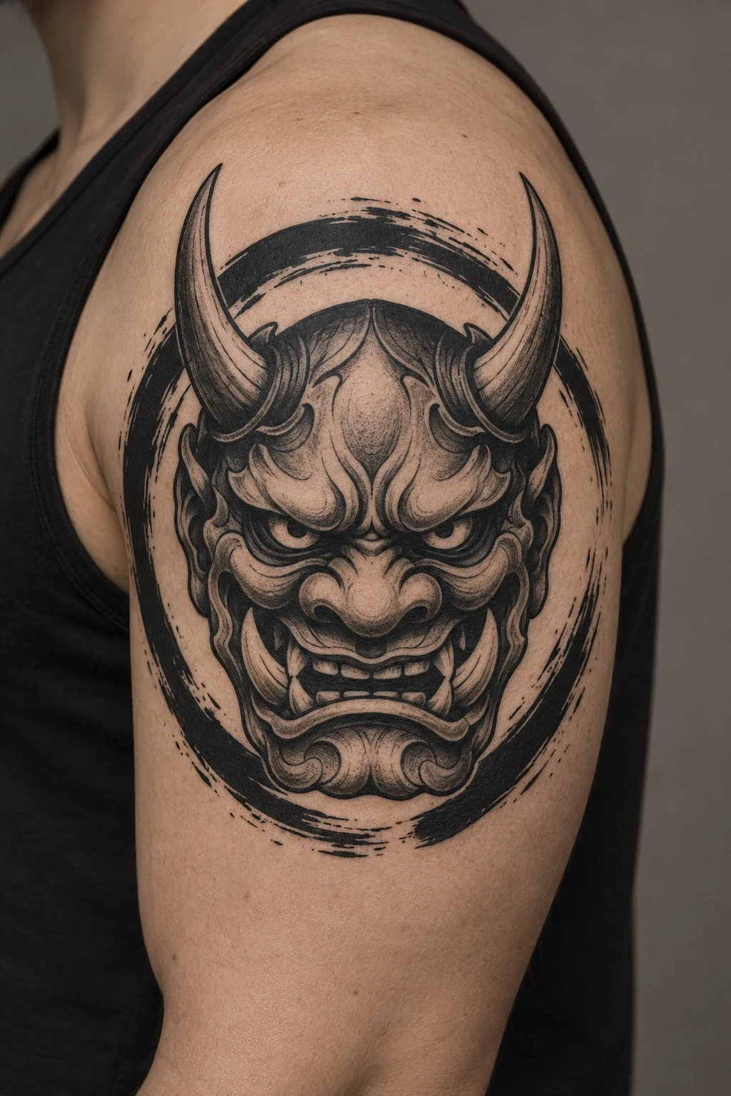 Blackwork oni mask inside a broken brushstroke circle on the shoulder