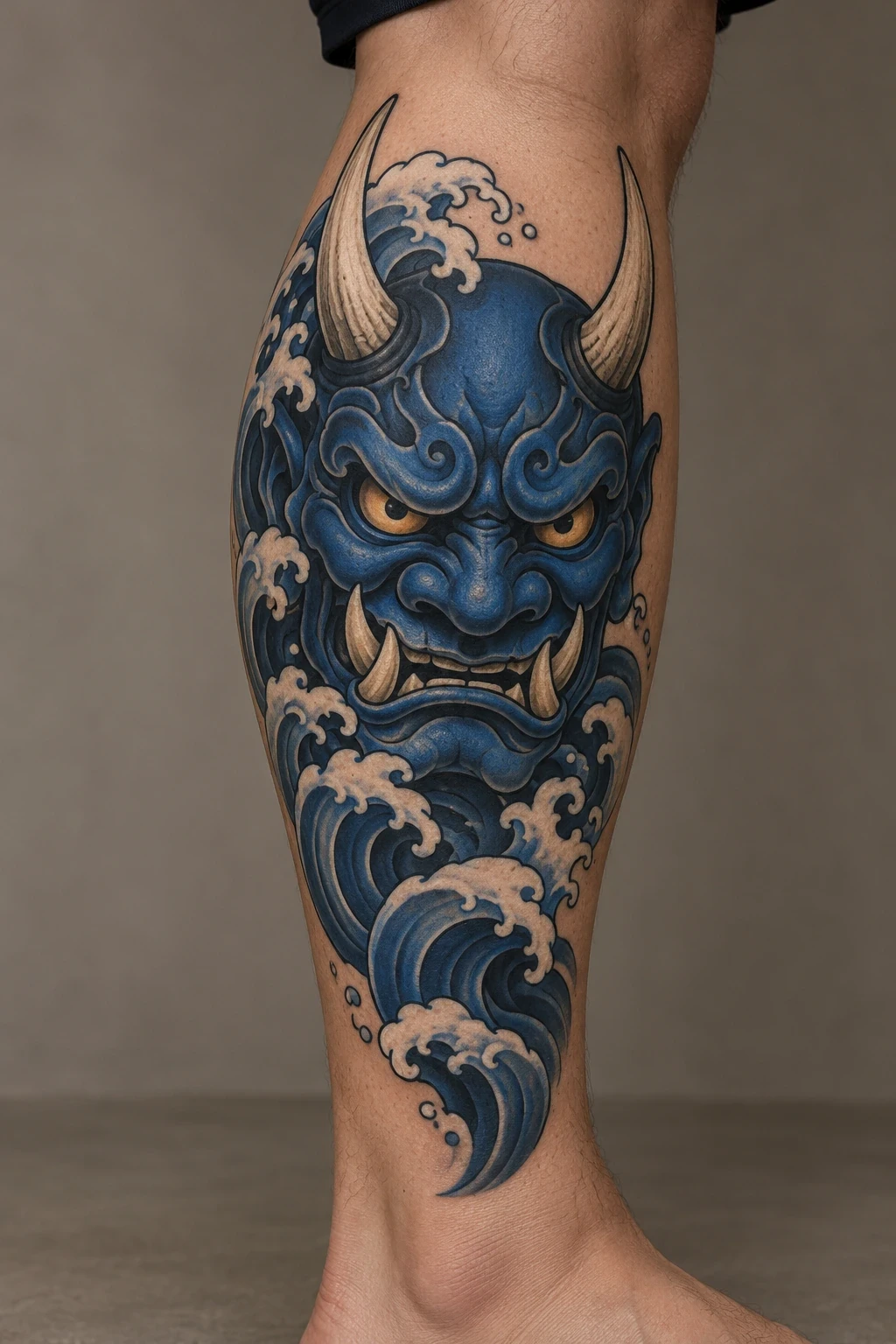 Blue oni mask framed by curling waves on the calf
