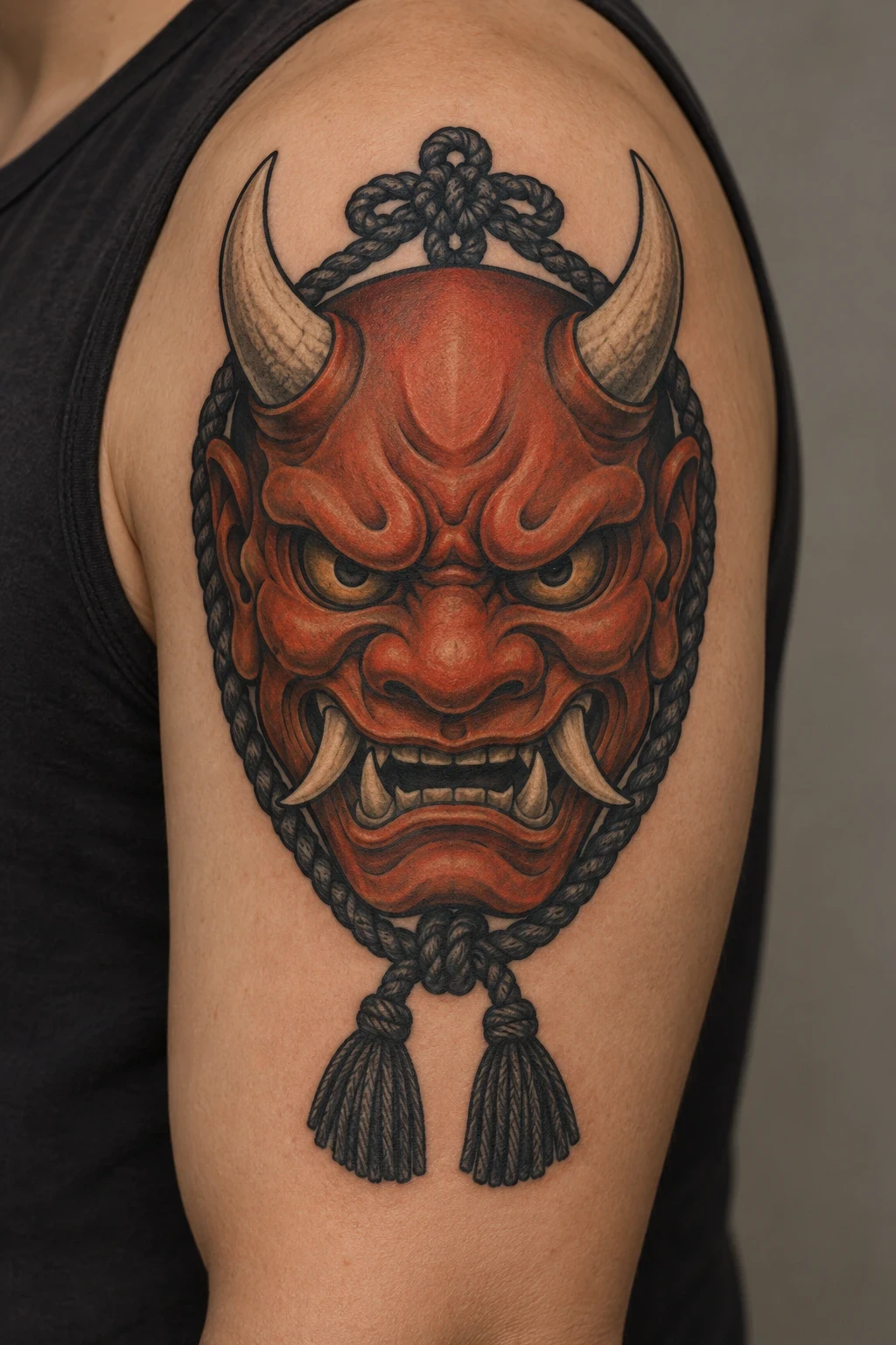 Terracotta oni mask framed by a braided cord and tassels on the upper arm