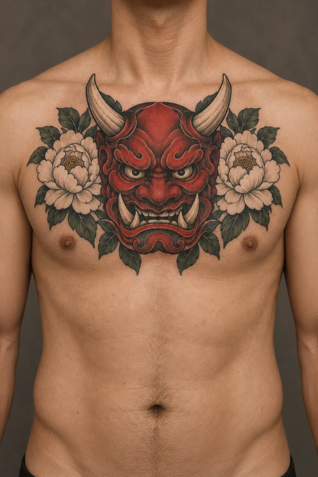 Red oni mask centered between pale peonies across the chest