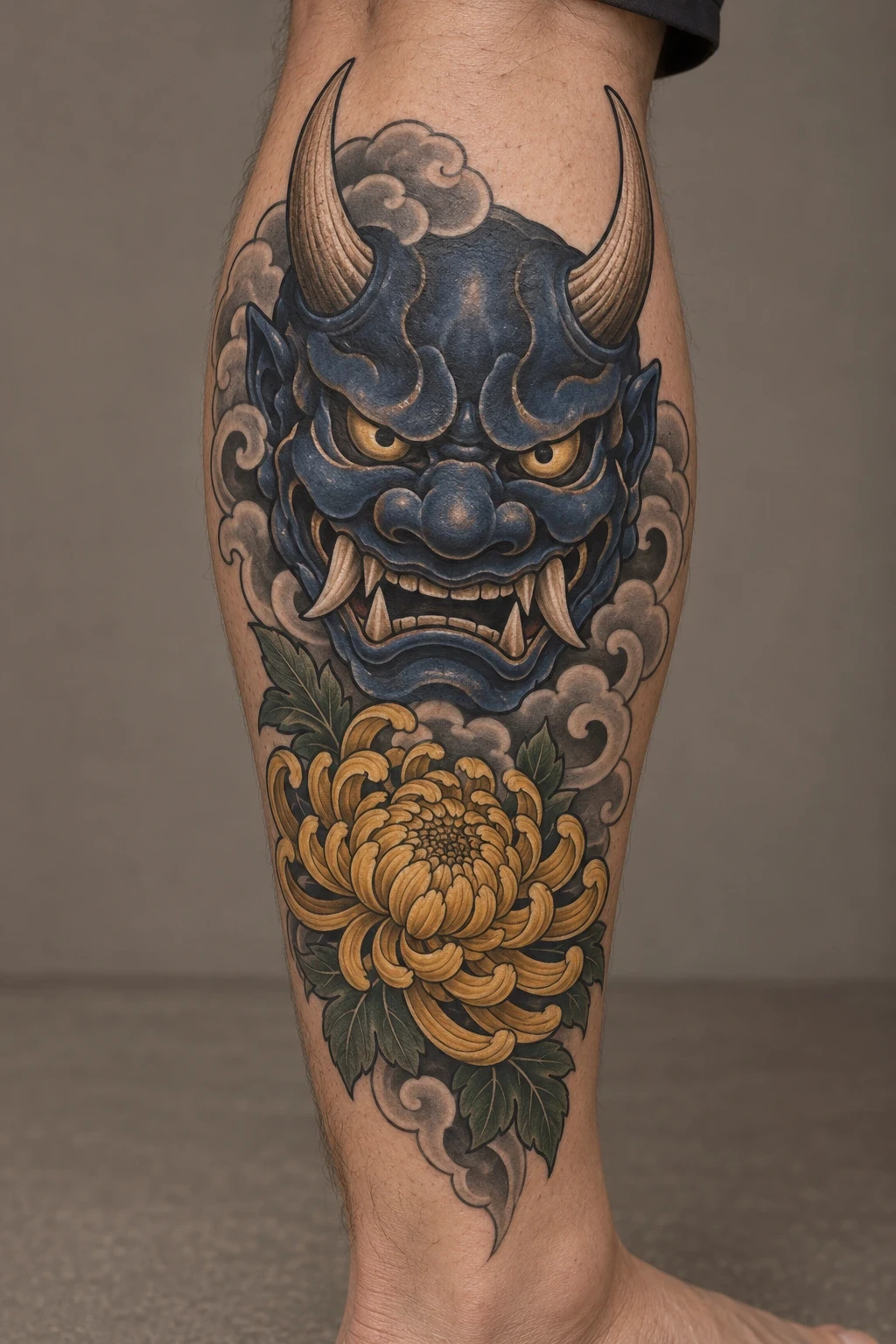 Navy oni mask above a golden chrysanthemum on the calf