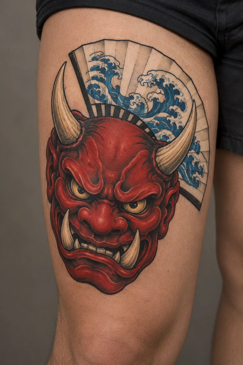 Red oni mask in front of an open folding fan on the thigh