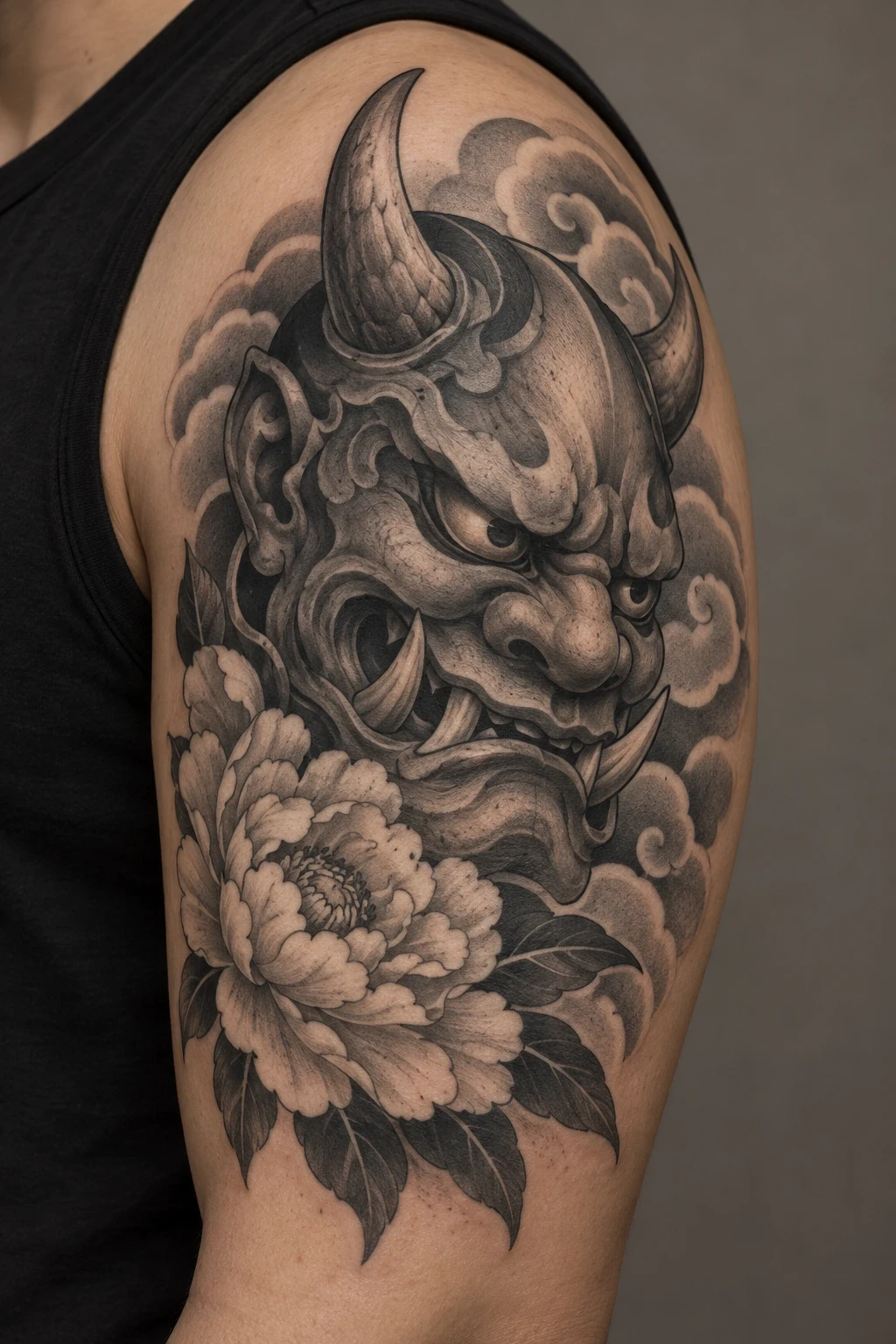 Black and grey oni mask with a large peony on the upper arm