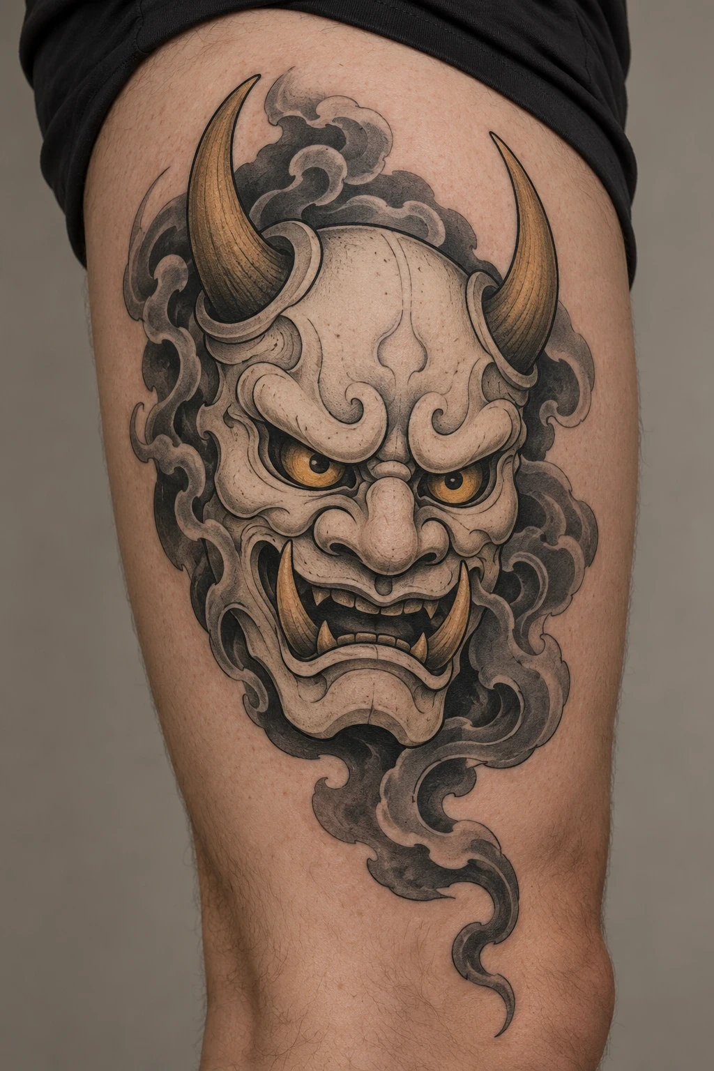 Ivory oni mask surrounded by grey smoke on the outer thigh