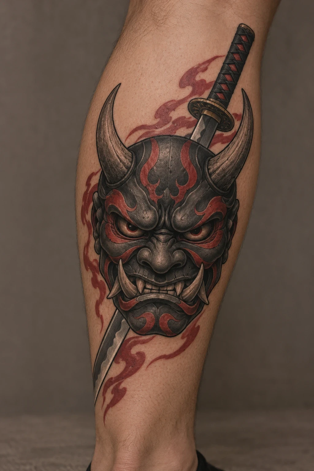 Red and charcoal oni mask with a diagonal katana on the calf