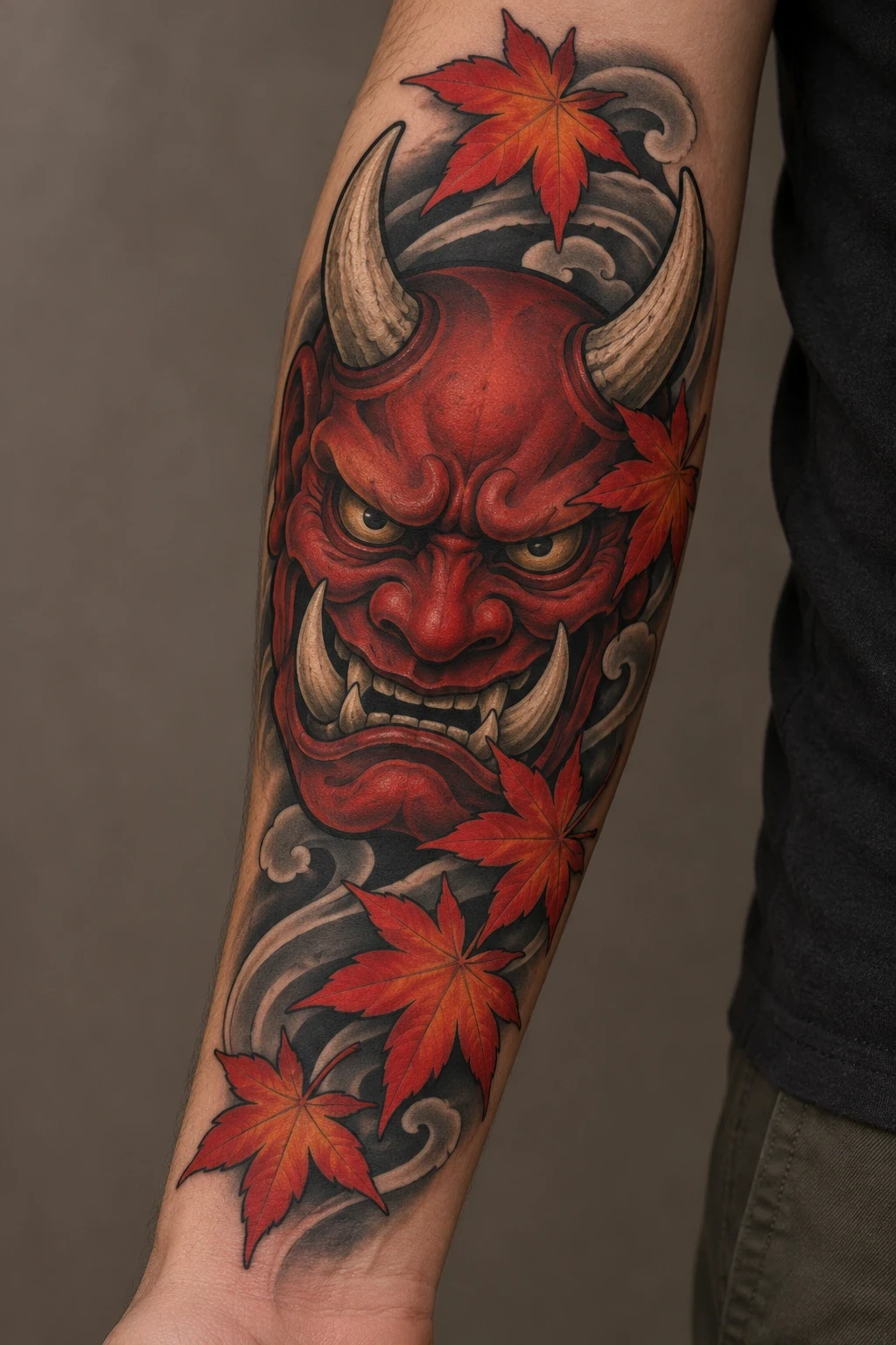 Red oni mask with orange maple leaves and dark wind bands on the forearm