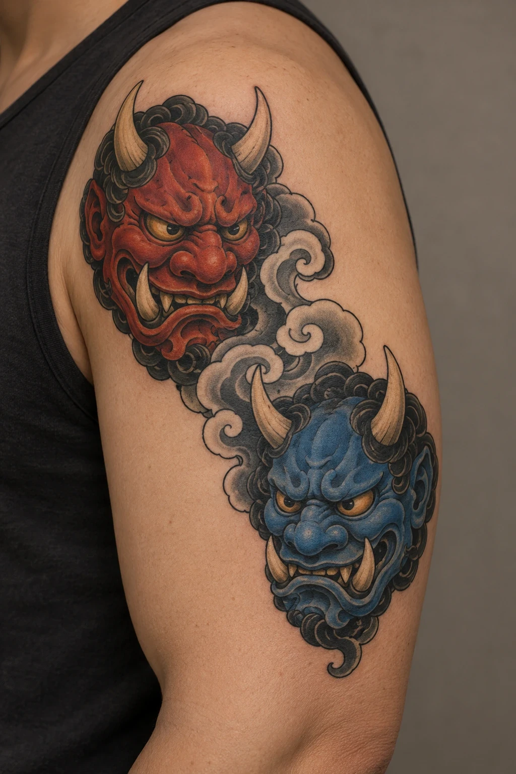 Two diagonal red and blue oni masks linked by a grey cloud on the upper arm