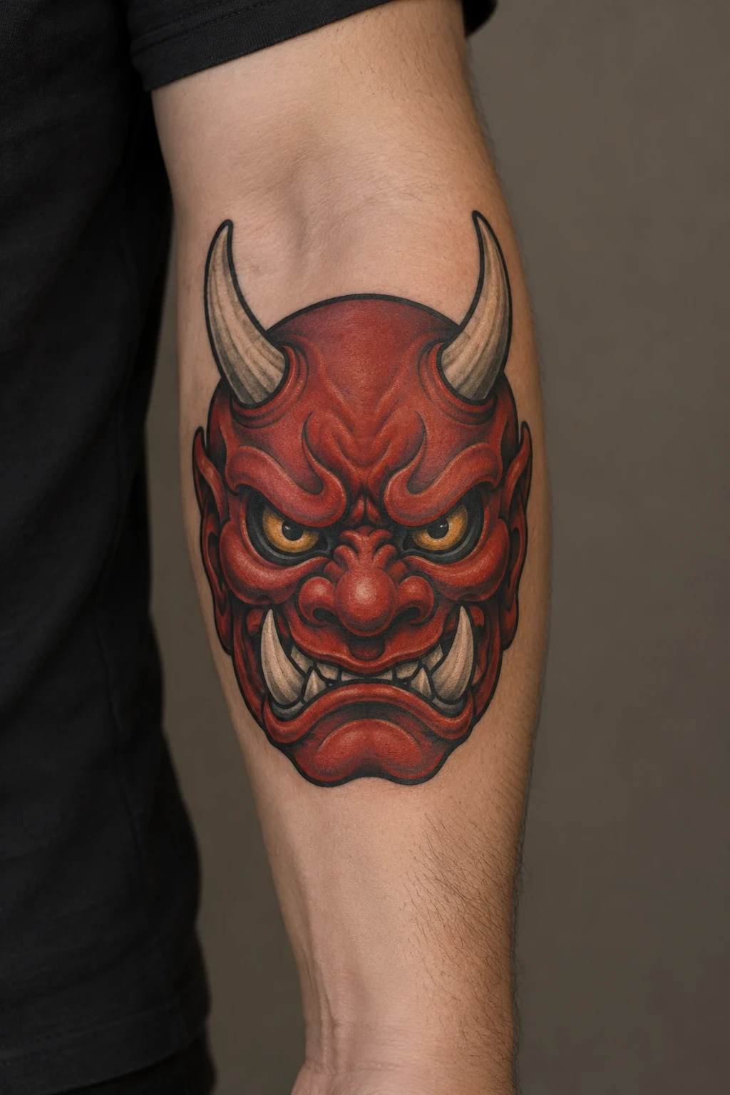 Compact red oni mask with ivory horns on the outer forearm