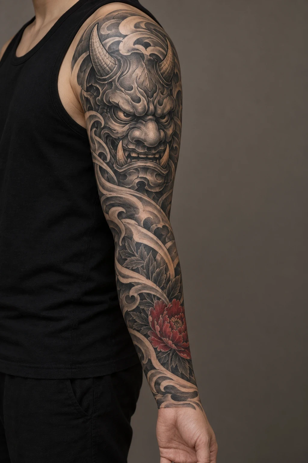 Black and grey oni mask sleeve with flowing wind bands and a red forearm peony
