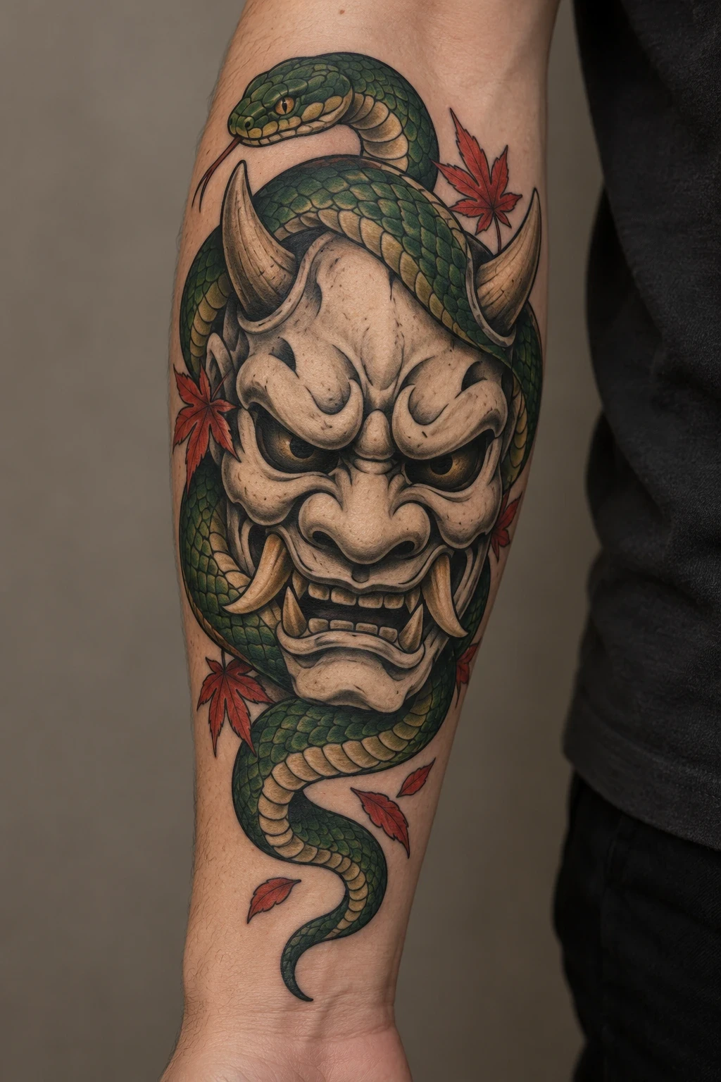 Ivory oni mask with a green snake curling around it on the forearm