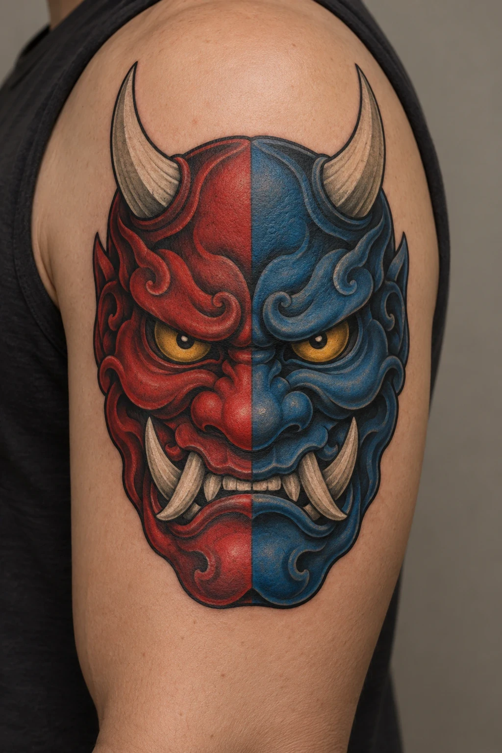 Single oni mask divided into red and blue halves on the upper arm