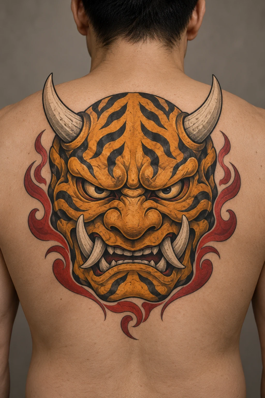 Gold oni mask with black tiger-like stripes on the upper back