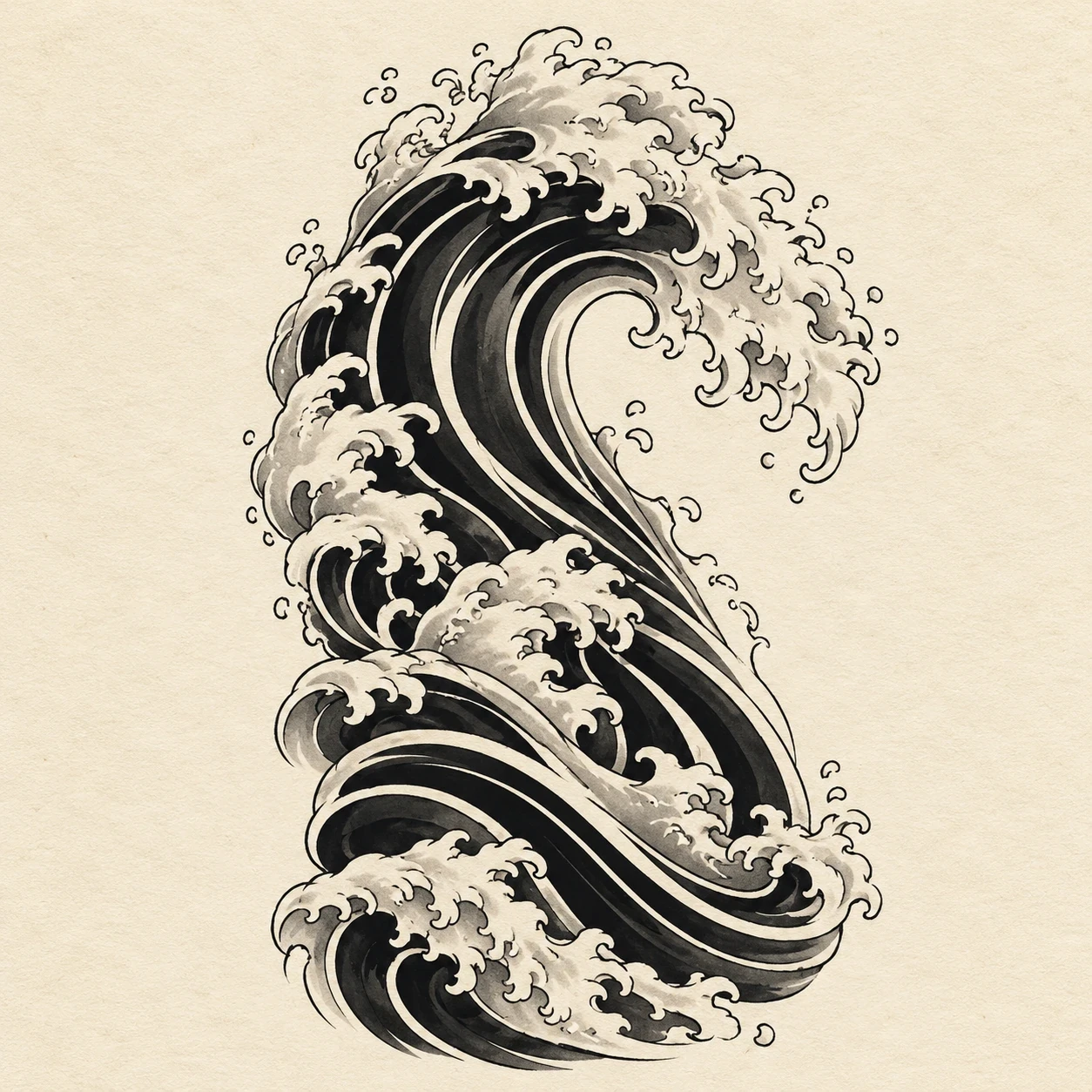 Blackwork wave concept with broad dark bands and pale foam