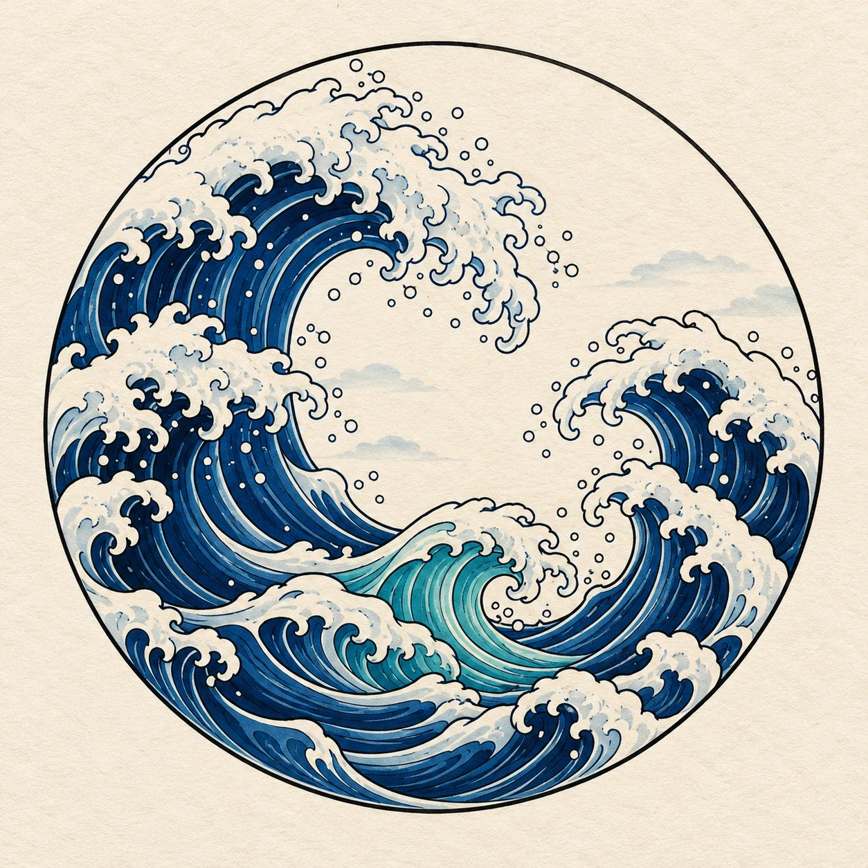 Circular wave medallion with blue swells and an open sky