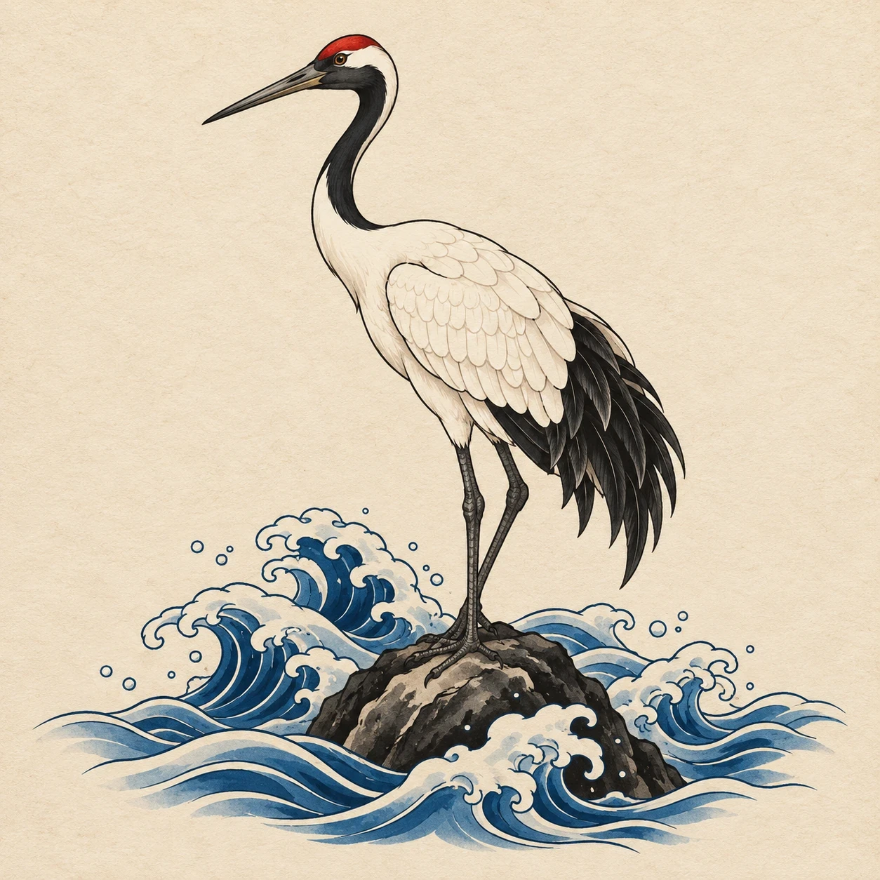 White red-crowned crane standing on a rock above low blue waves